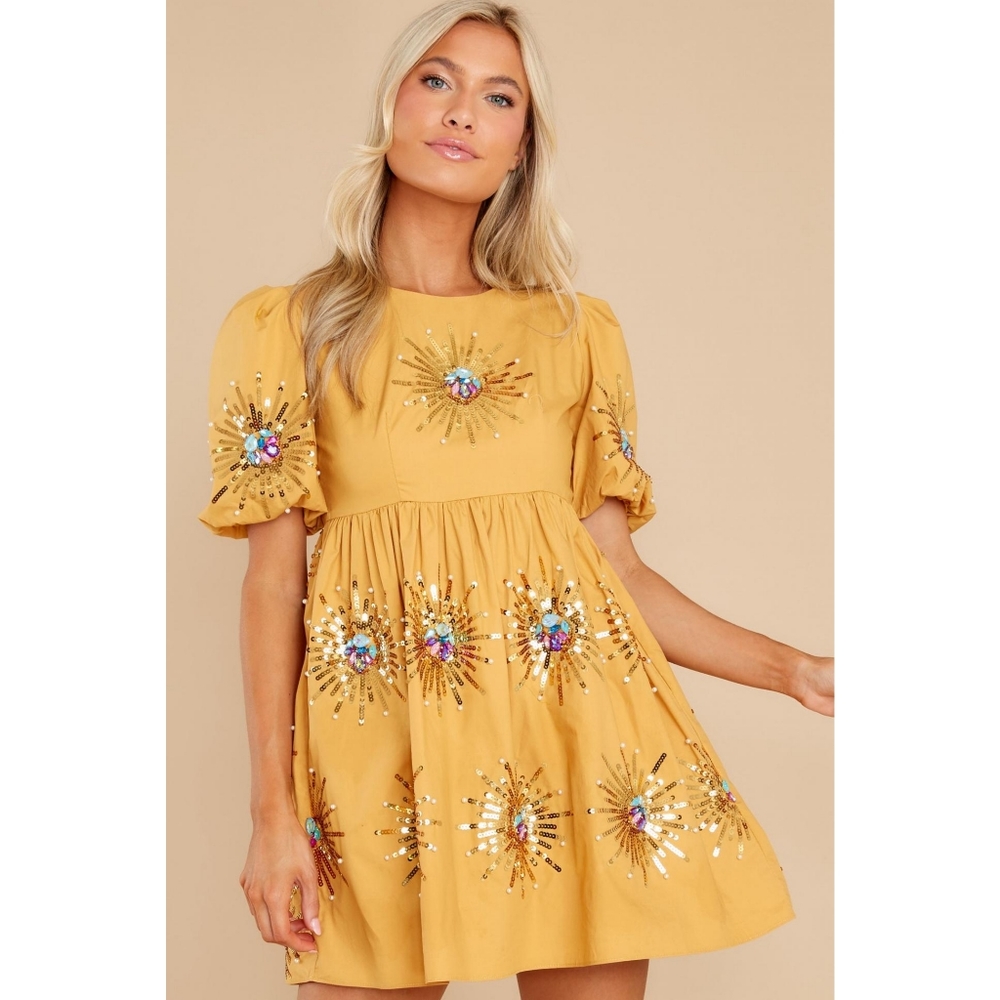 QUEEN OF SPARKLES Gold Embellished Mini Dress